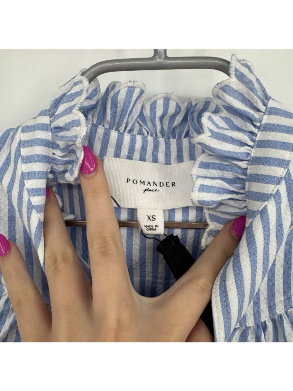 Pomander Place by Tuckernuck Blue Stripe Selena Blouse sz XS Puff Sleeve Ruffle - Picture 4 of 6